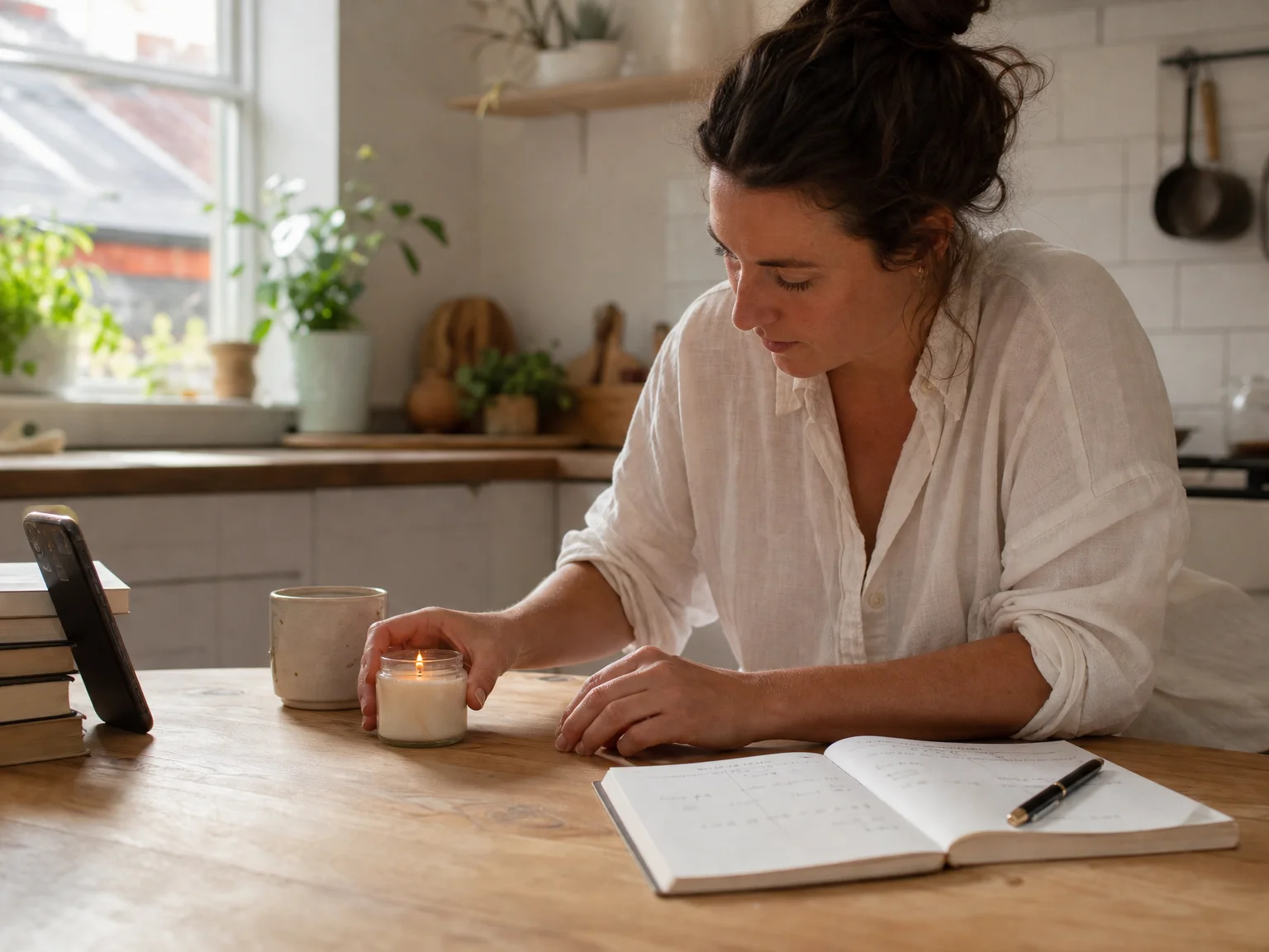 A creator arranging a small handmade candle and coffee cup on a kitchen table in morning window light, phone propped against a stack of books