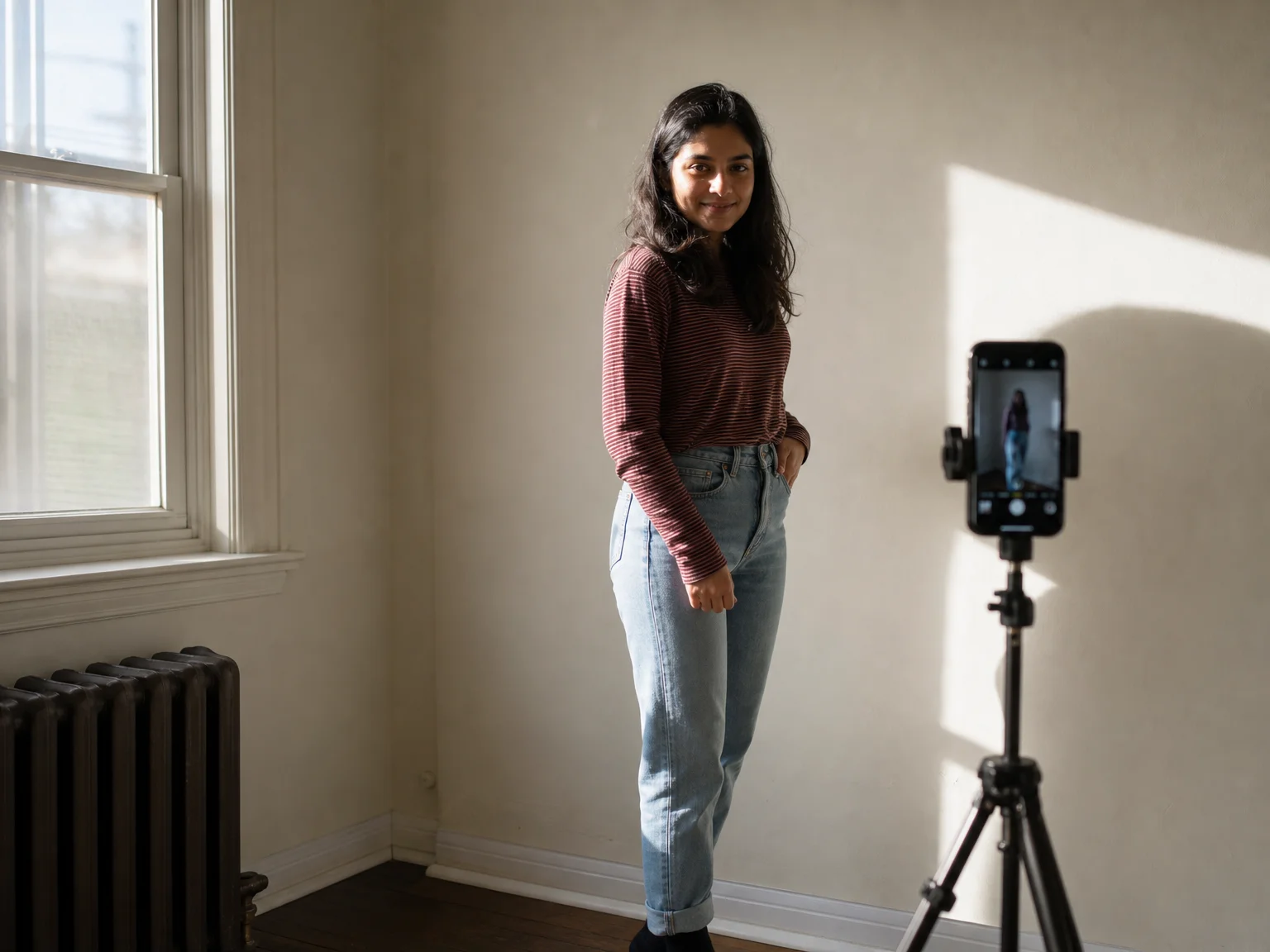 A creator testing a relaxed three-quarter pose near a window with soft natural side light, phone on a small tabletop tripod
