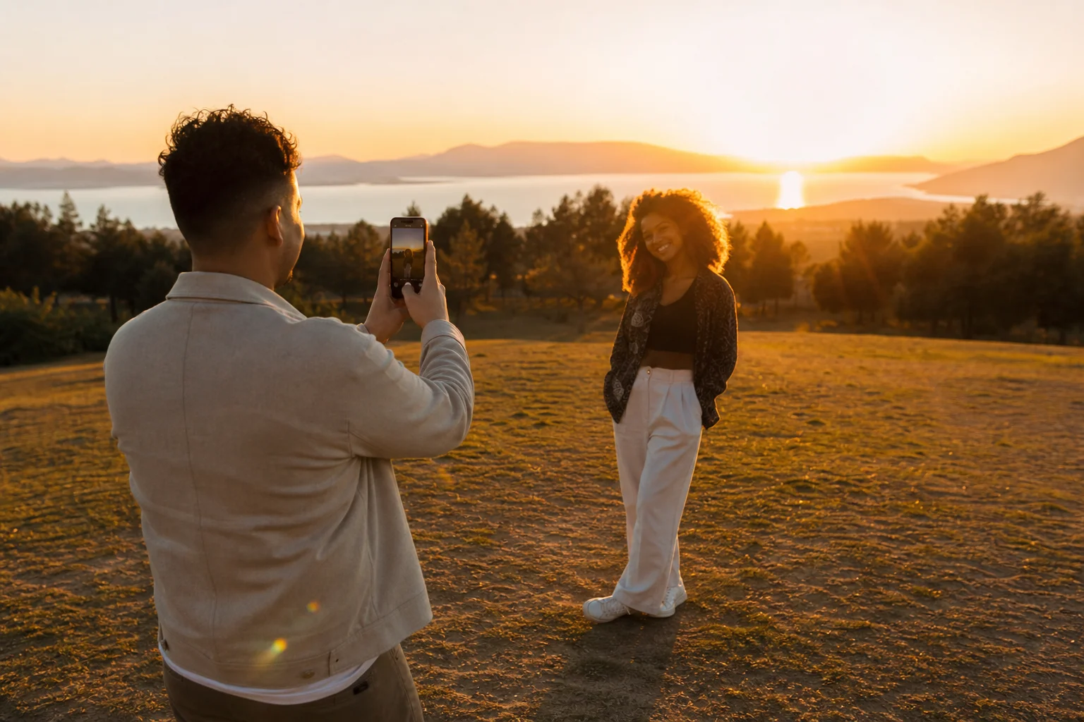 A person holding up a smartphone to photograph a friend backlit by a low golden sun in an open park at golden hour