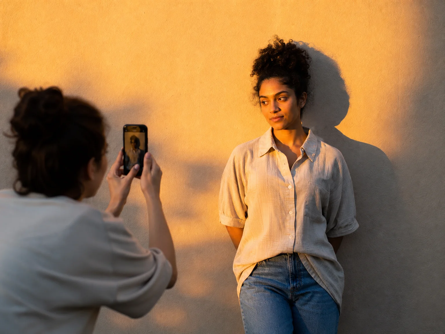 Two adults outdoors at golden hour: one holds a phone to photograph the other, who stands beside a wall with warm side light lit on one half of their face