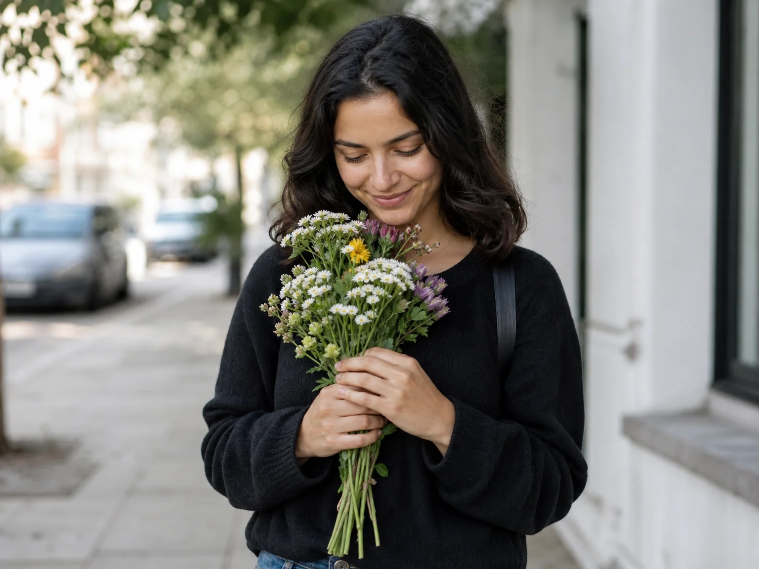 Woman on a sidewalk holding a small loose bouquet of flowers at collarbone height, looking down at them, photographed at chest height