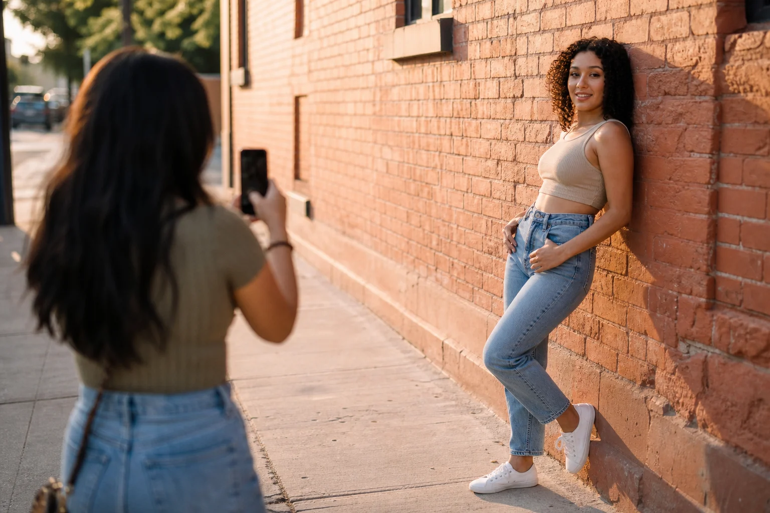 A woman photographing a friend with a smartphone outdoors, the friend leaning against a sunlit wall in a relaxed standing pose with weight on her back foot