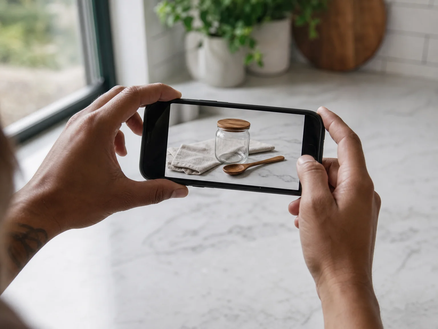Hands filming a product demo on a kitchen counter with a phone, soft natural daylight and simple styling