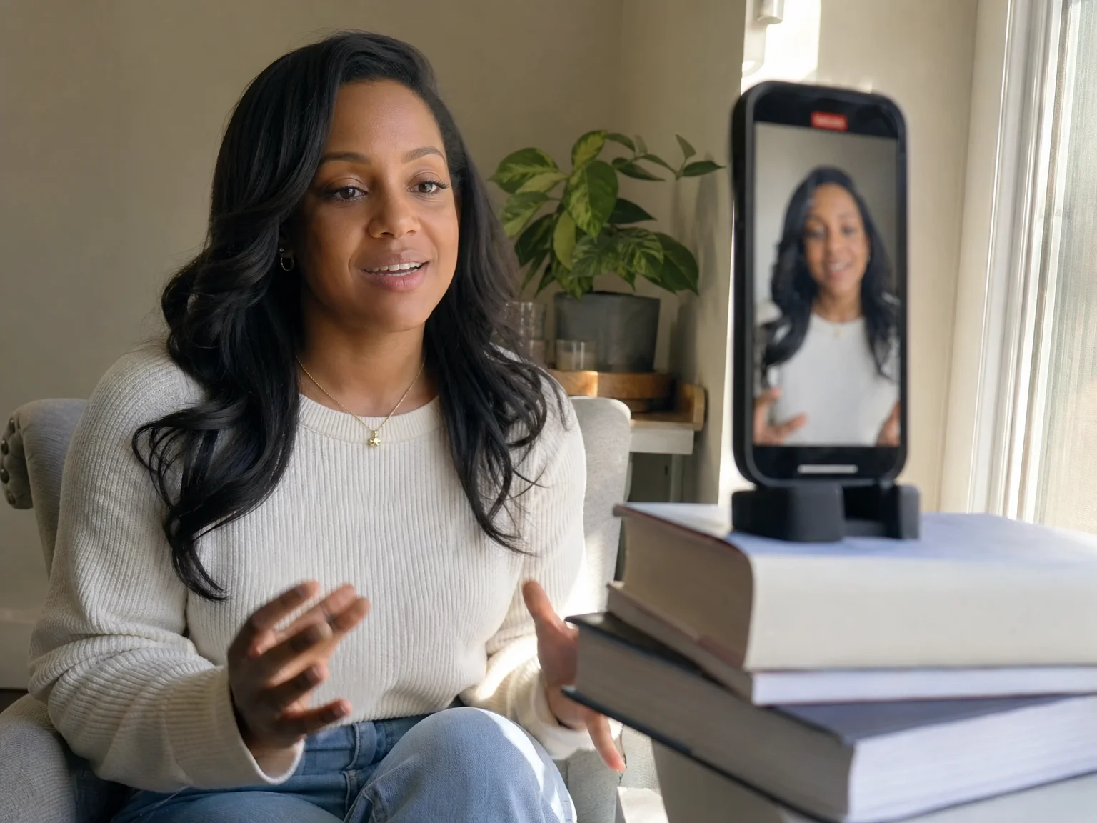 Smartphone propped near a window filming a seated creator with soft natural light across her face