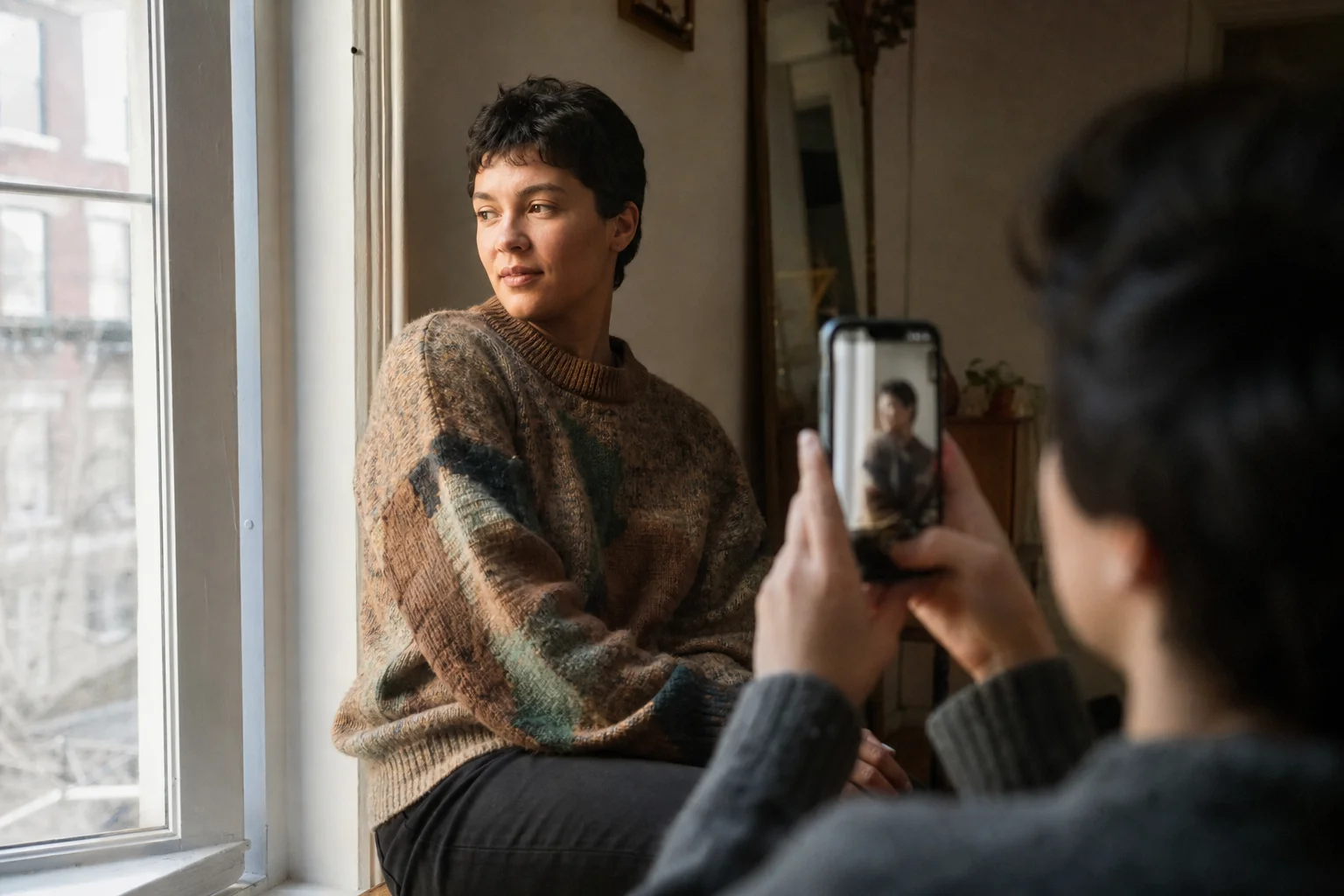 A diverse adult sits near a sunlit window while a friend holds up a smartphone to take a candid natural-light portrait