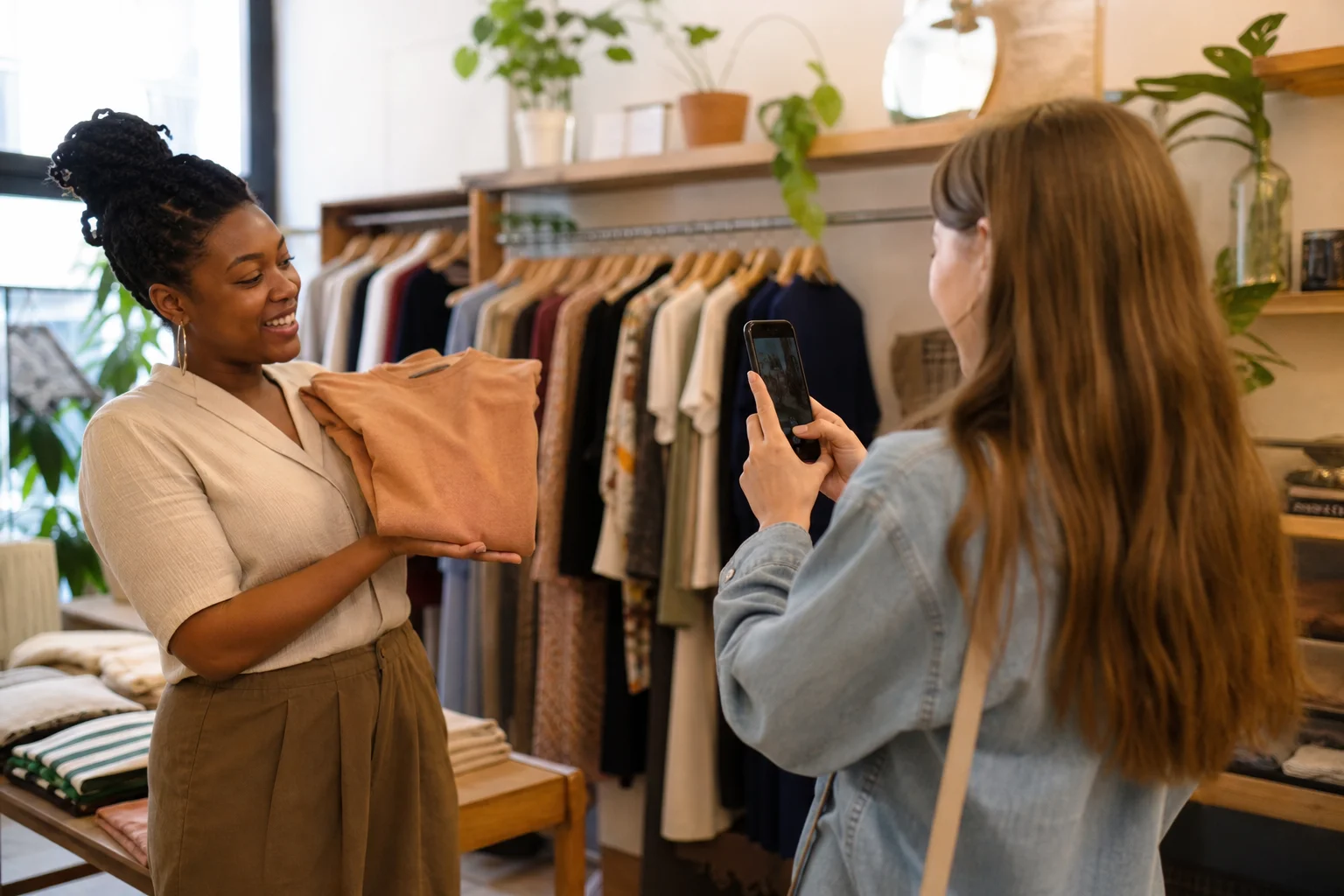 A small boutique shop owner showing a folded clothing item to a content creator who is photographing it on her phone, natural daylight inside the store