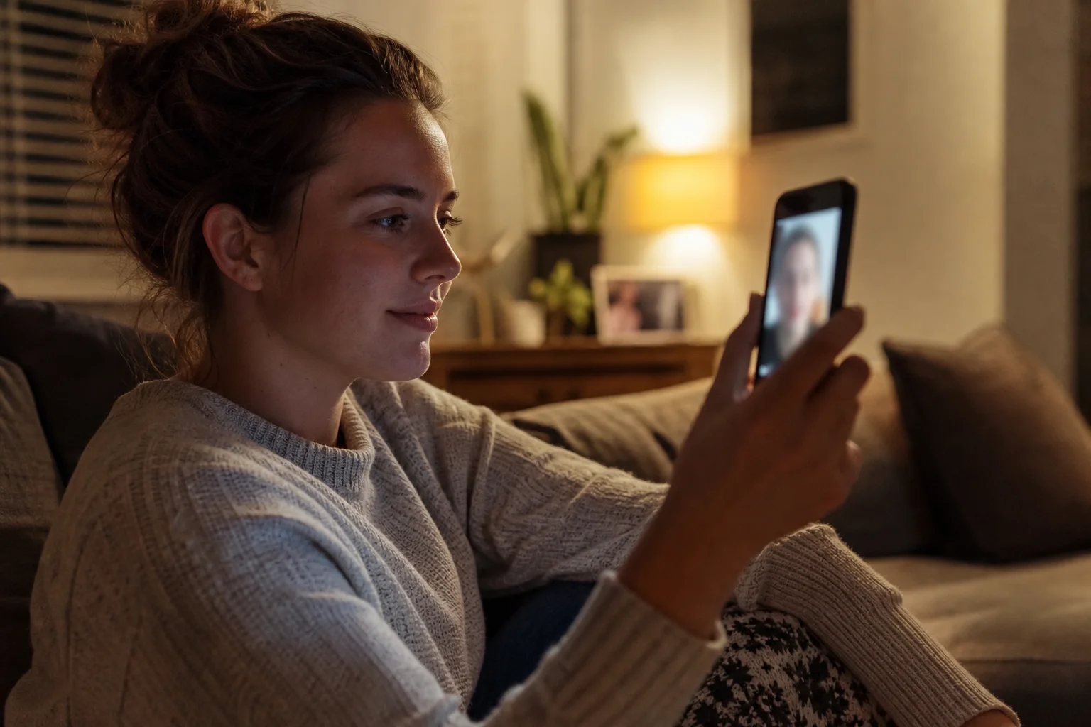 A woman sitting on her couch in warm evening lamp light, holding up her phone during a video call, checking who she's really talking to