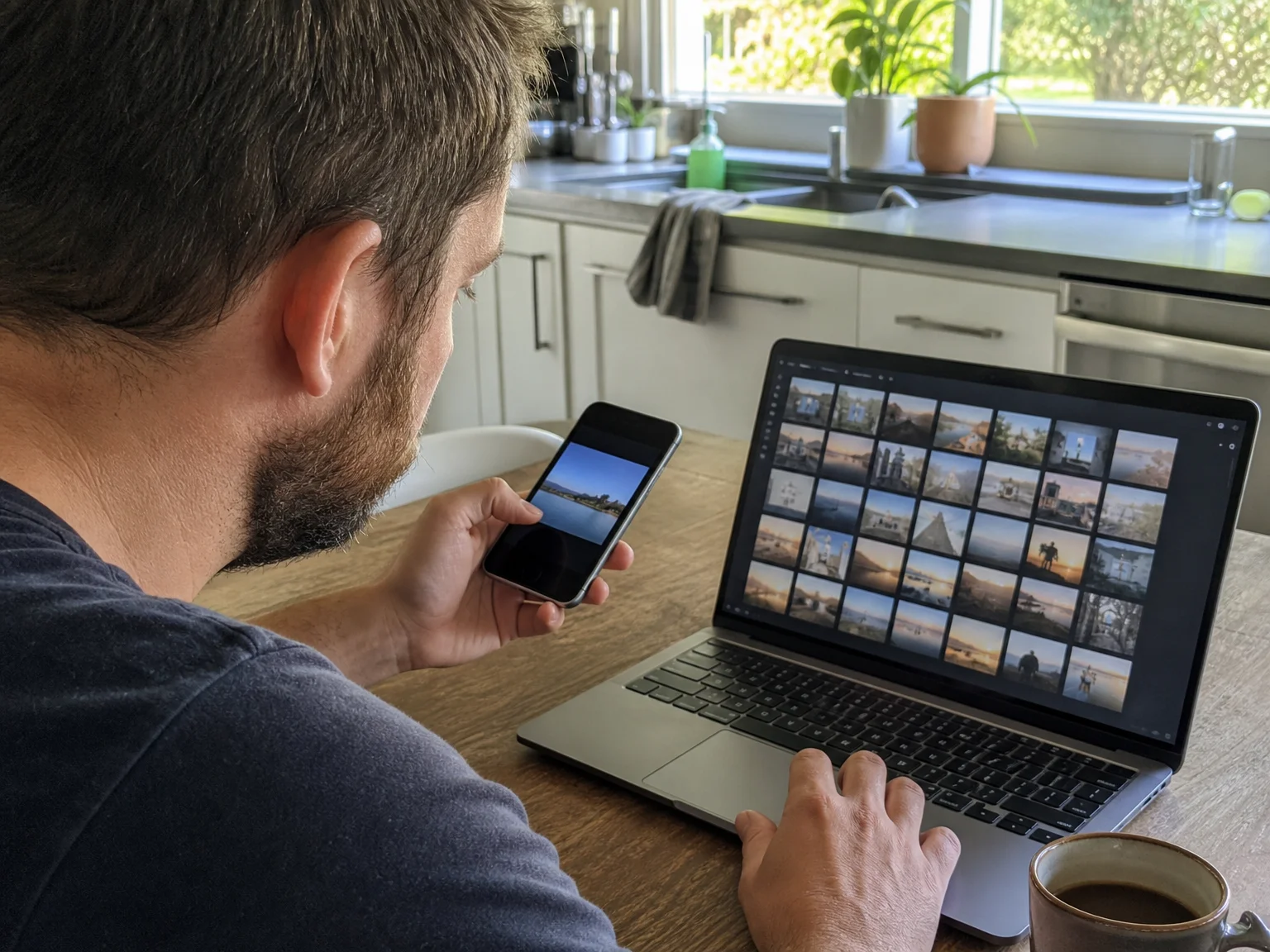 A person comparing a smartphone photo against a laptop screen showing a grid of similar photo thumbnails, checking for matches