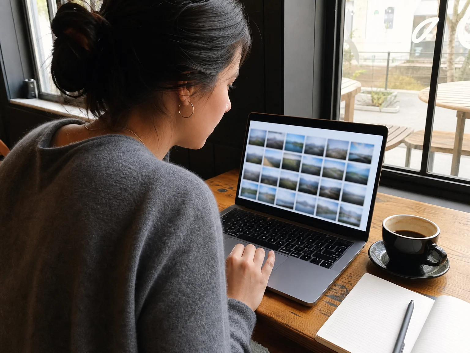 A woman at a cafe table comparing a grid of blurred photo thumbnails on her laptop screen in natural daylight