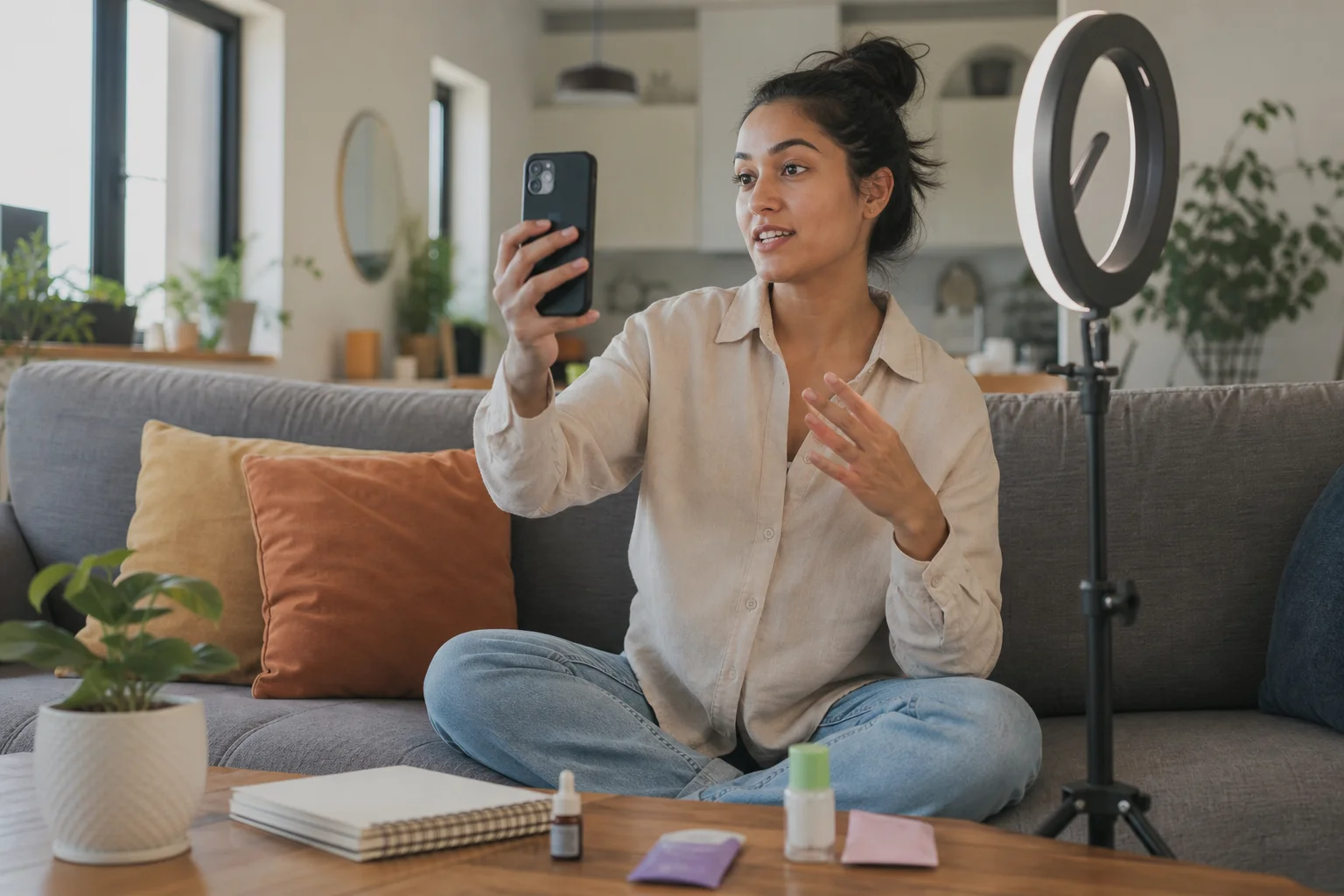 A woman filming herself talking on her phone in her living room, with a ring light, tripod, and product samples nearby