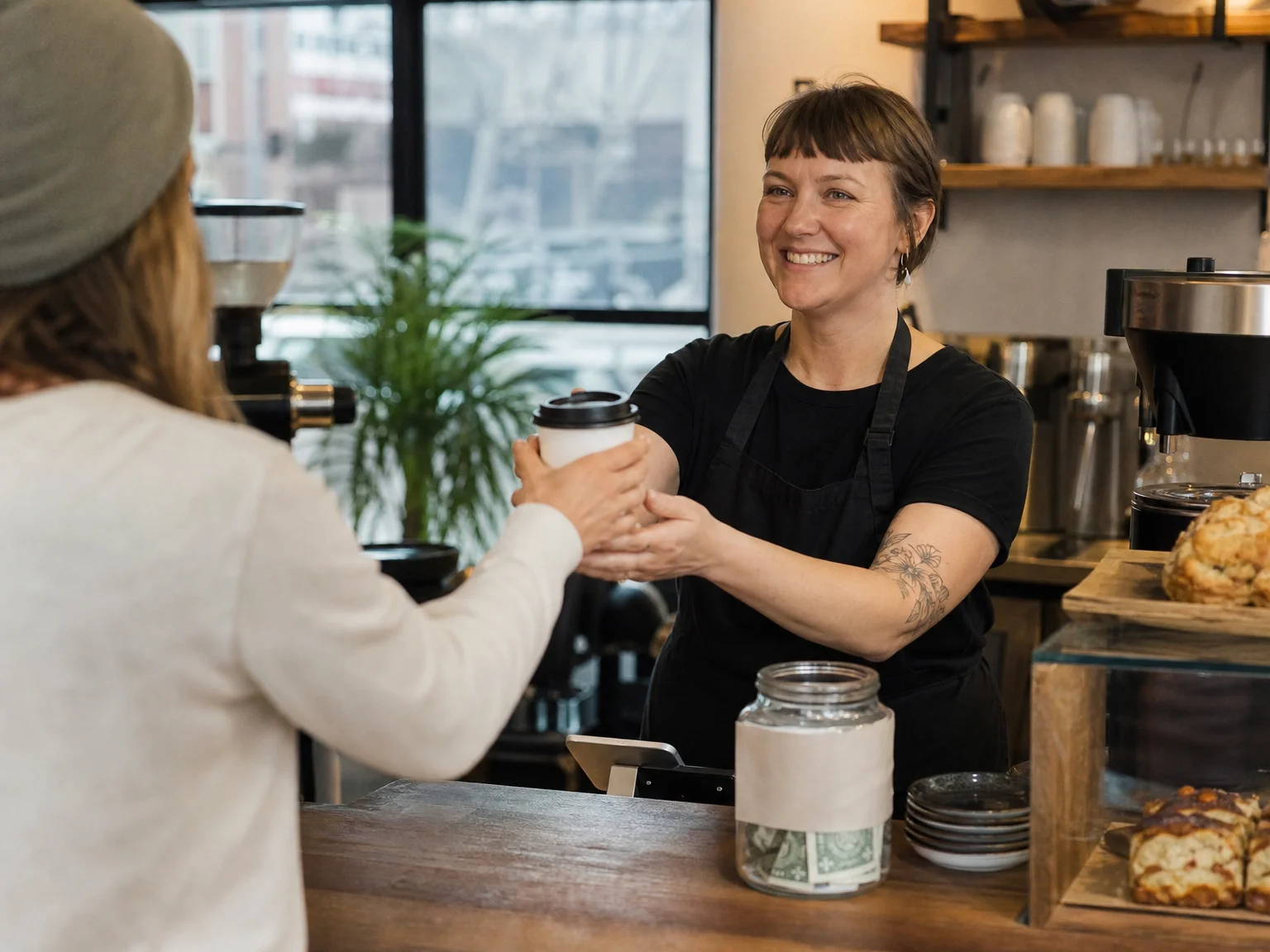 A coffee shop counter scene with a cashier handing a customer a cup, with a simple donation jar on the counter