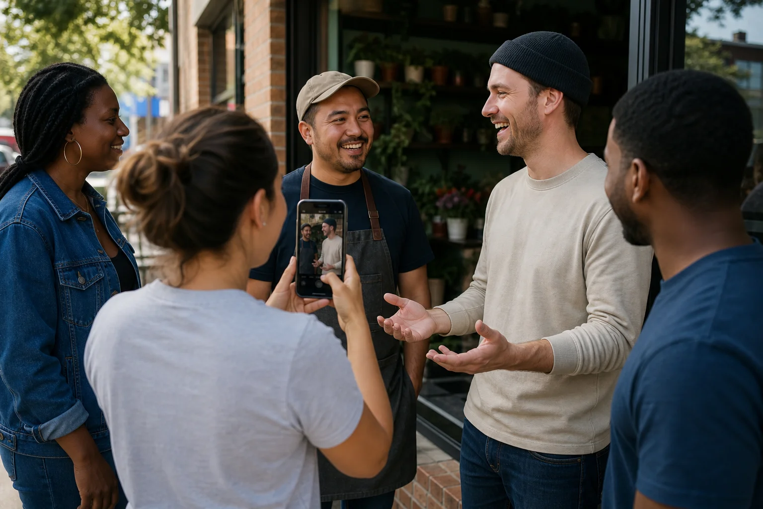 A small group of adults outside a neighborhood storefront, one filming a short video of a local shop owner and a content creator talking