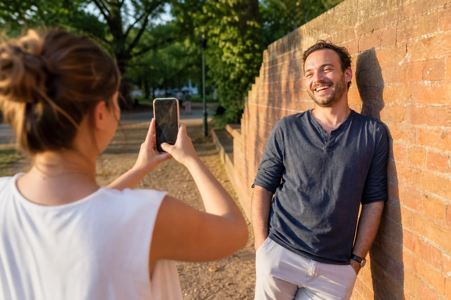 A woman photographs a laughing friend outdoors in warm late-afternoon light using just her smartphone, no studio equipment in sight