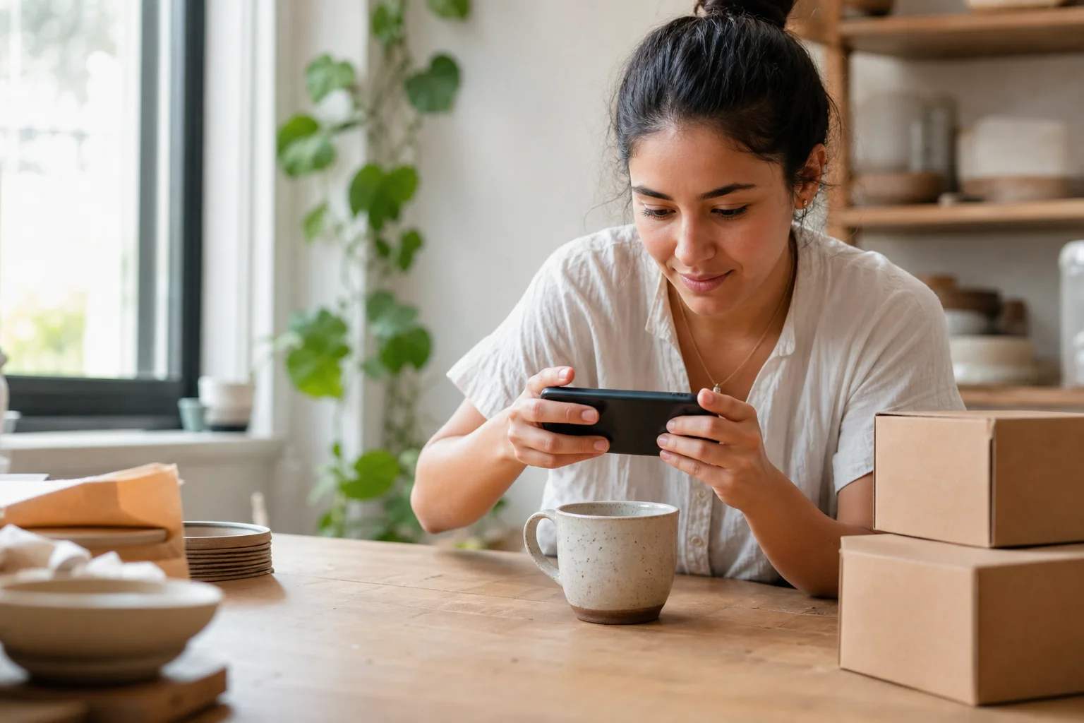A small business owner photographs a handmade ceramic mug on a wooden table using a smartphone in soft natural light