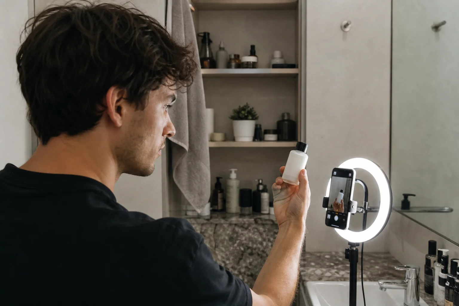 A man photographs an unlabeled skincare bottle against a bathroom shelf with a ring light nearby, set up like a paid creator content shoot