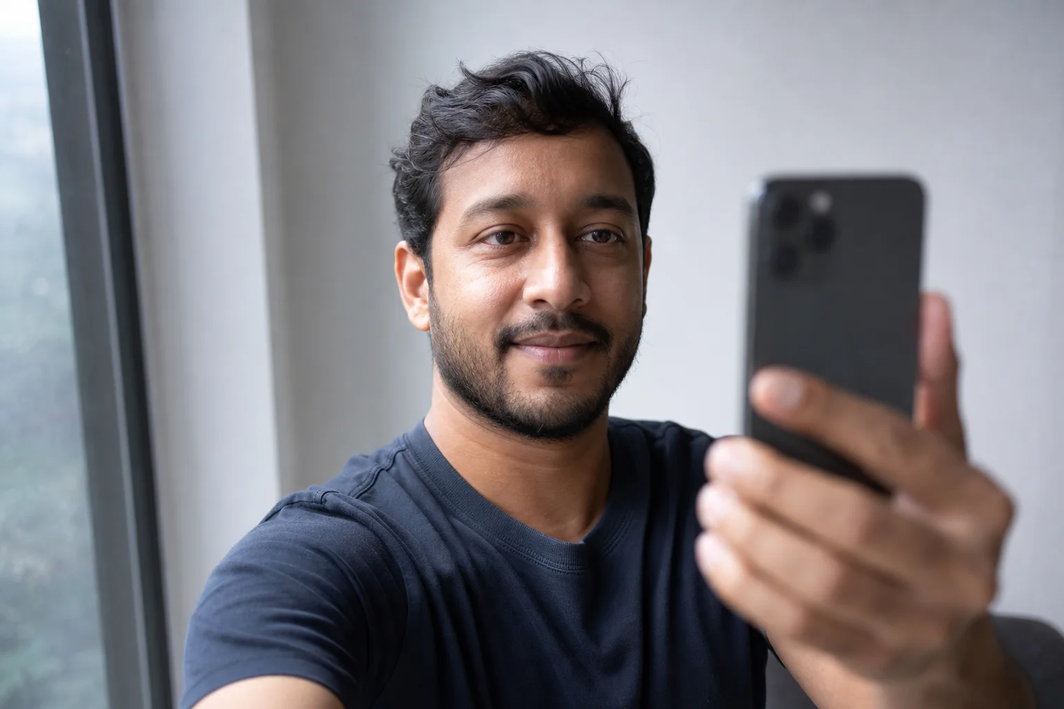 An adult holds a smartphone up at face height in soft natural light, taking a quick selfie-style photo as part of a real-person identity verification check.