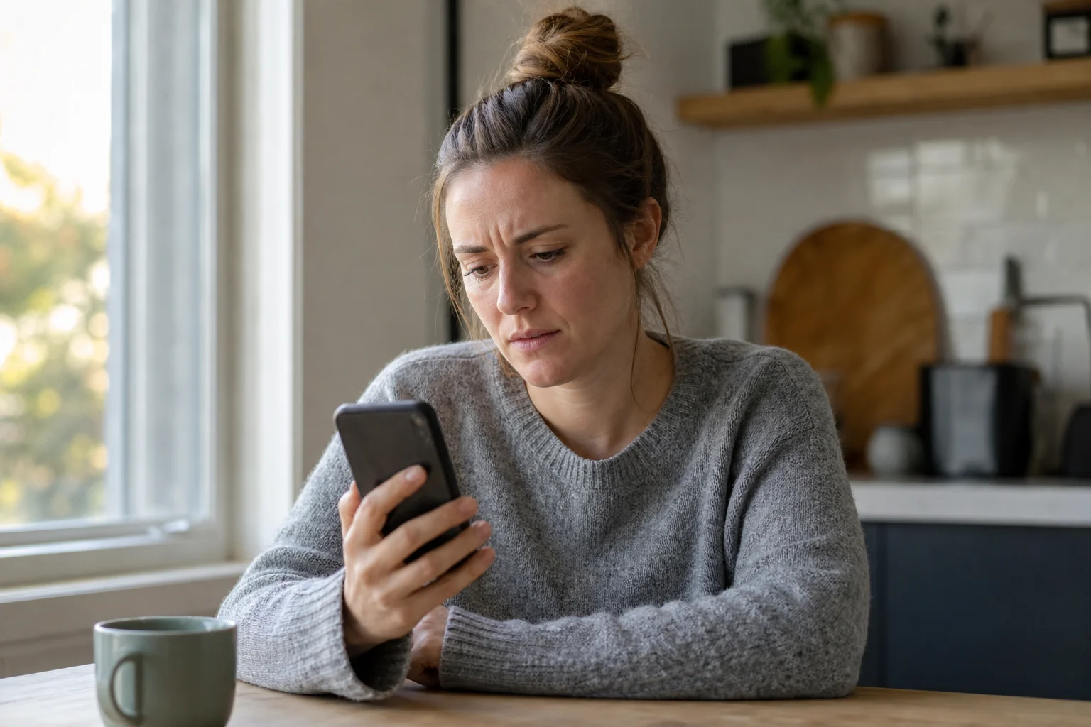 A woman sits at a kitchen table in natural daylight, looking at her smartphone screen with a focused, concerned expression after finding someone using her photos online.