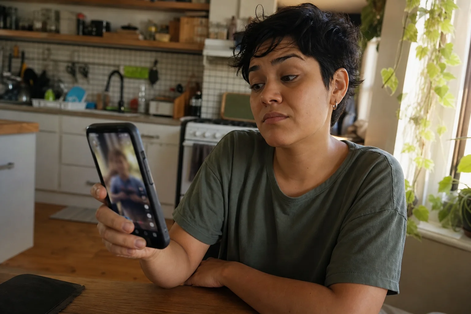 An adult sitting at a kitchen table looks at a smartphone screen with a cautious, skeptical expression while natural afternoon light comes through a window