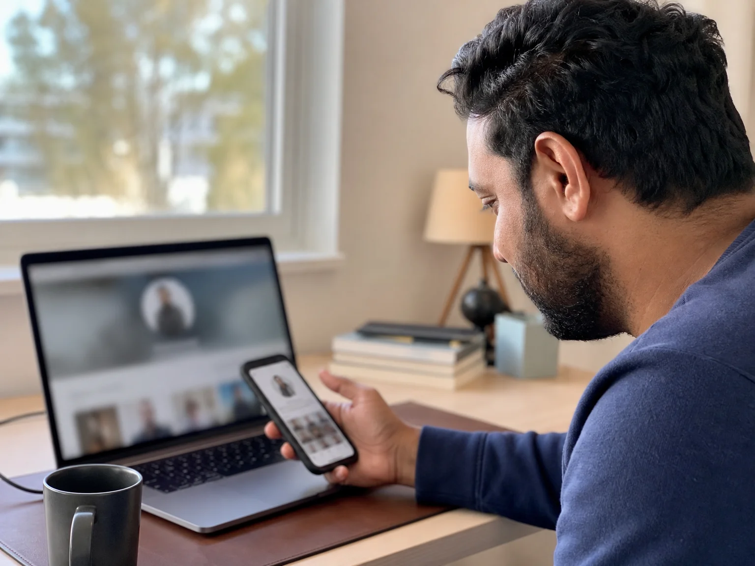 An adult at a home desk holds a smartphone while glancing at a laptop screen, cross-checking a profile across two devices in natural daylight