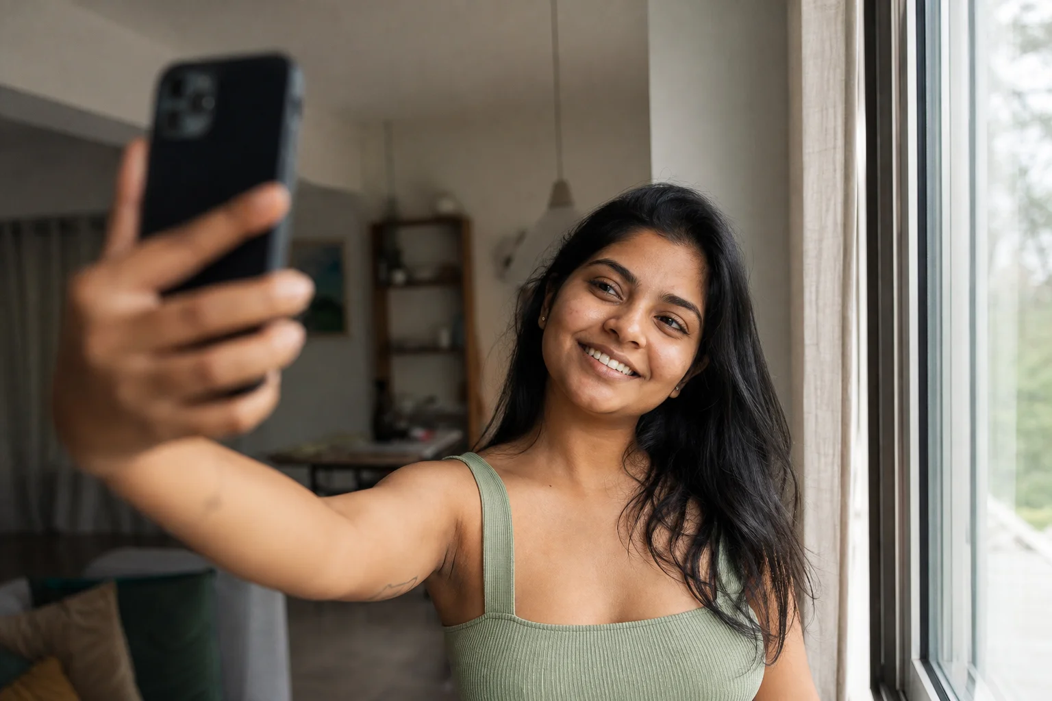 Woman standing beside a window taking a selfie in soft natural daylight, relaxed smile, candid phone-photography style
