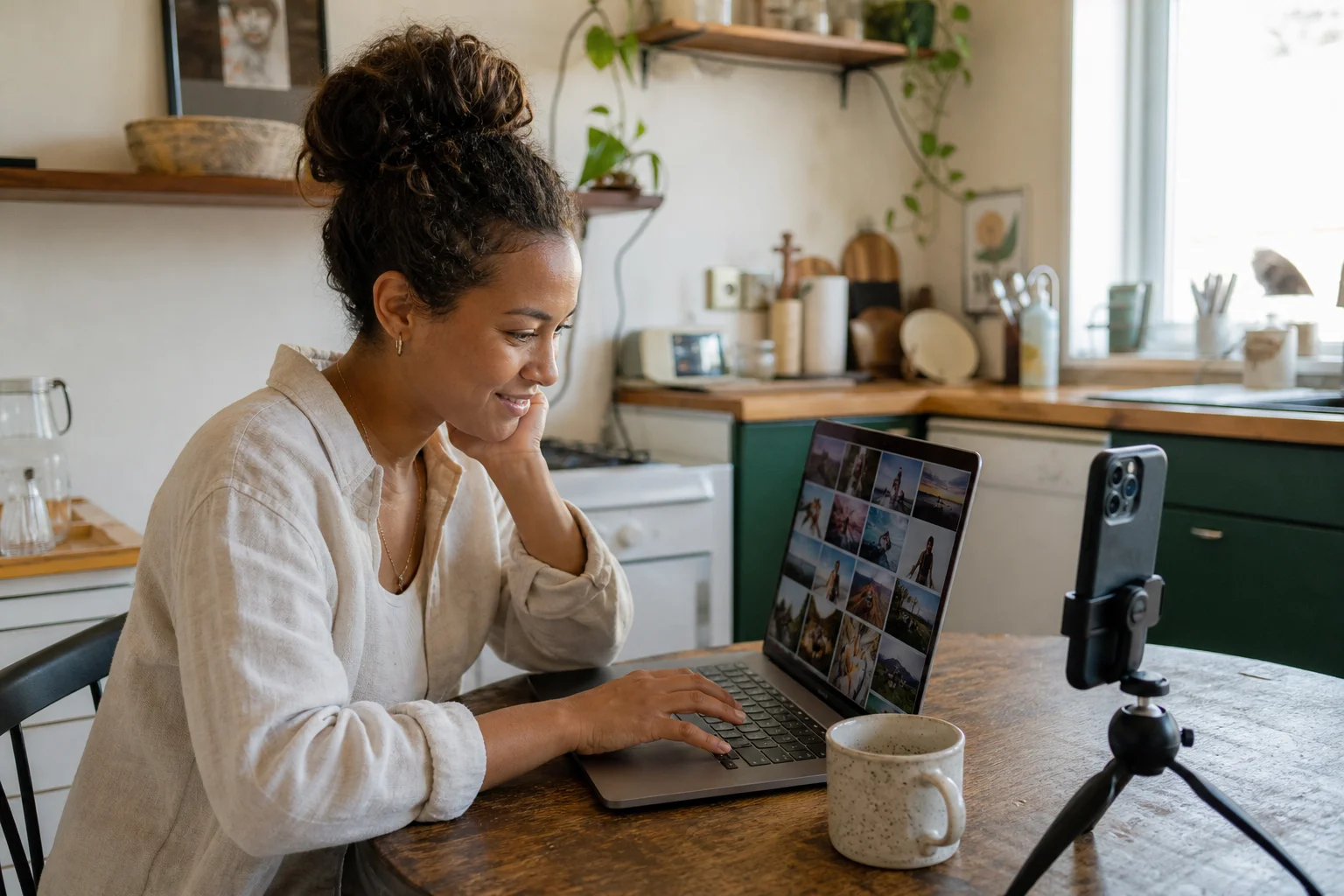 A creator sits at a sunlit kitchen table with a laptop and a phone on a mini tripod, reviewing her own photos to choose samples for a brand application