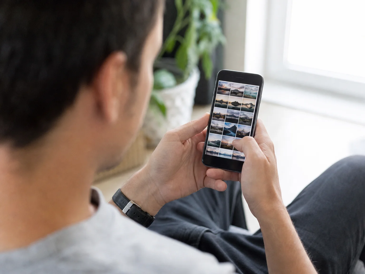 Close-up over-the-shoulder view of a creator's hands holding a phone, scrolling through a grid of photo thumbnails to pick the best ones