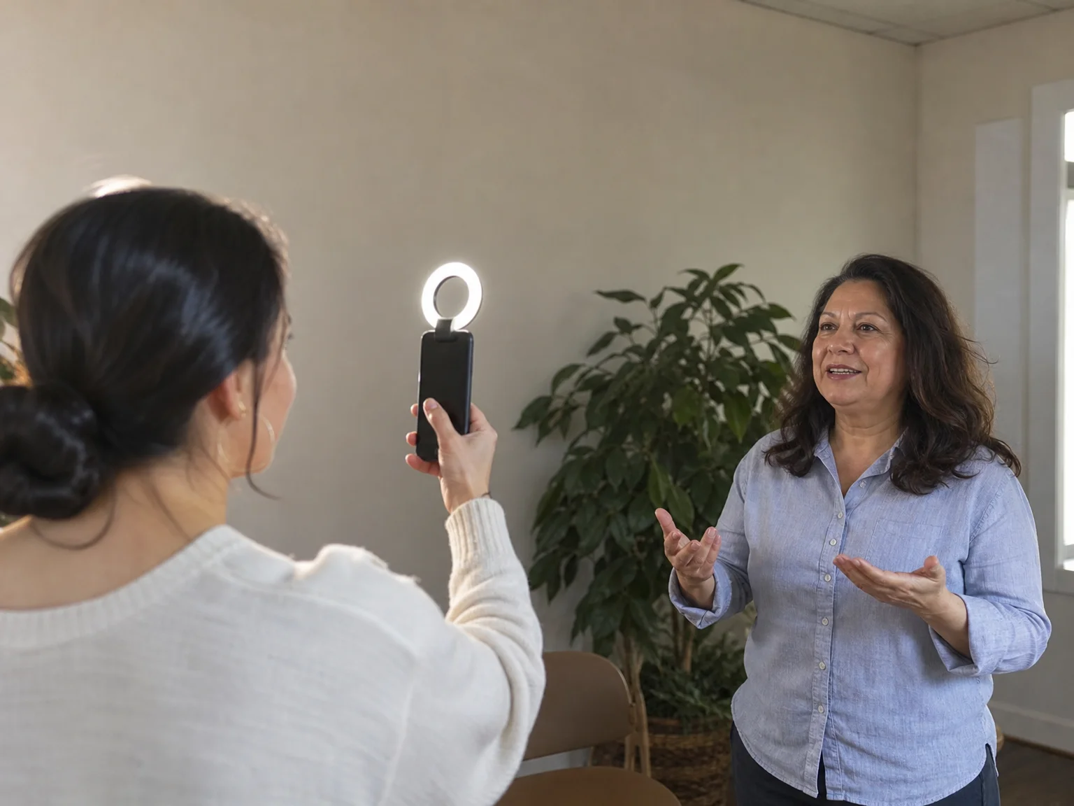 A volunteer holding a smartphone with a small clip-on ring light, recording a colleague giving an unscripted thank-you message in a simple office space with a plain wall and a potted plant