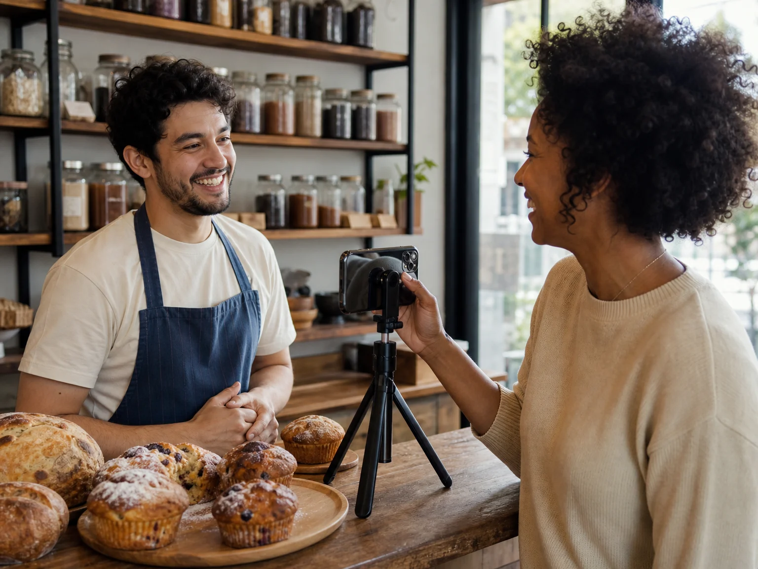 Two adults, one wearing a small business apron behind a shop counter and one a nonprofit volunteer, standing together near a smartphone propped on a small tabletop tripod ready to film a matching-gift video