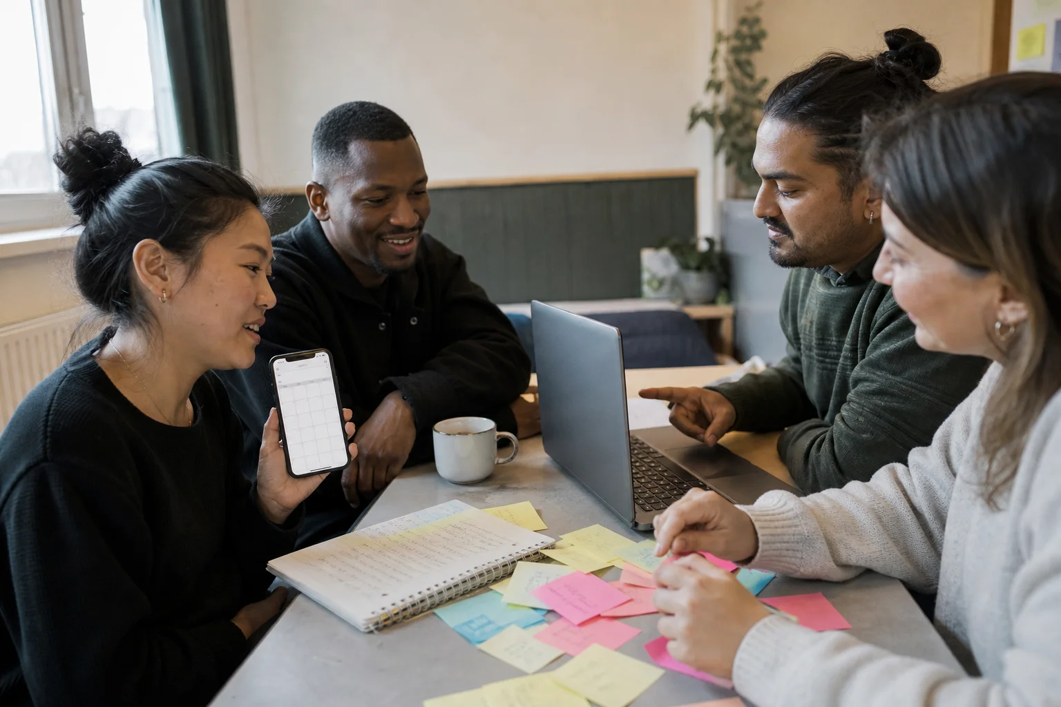 Four diverse adults sitting around a table in a community room, planning a year-end social media fundraising campaign together with a phone, a laptop and sticky notes in warm natural light