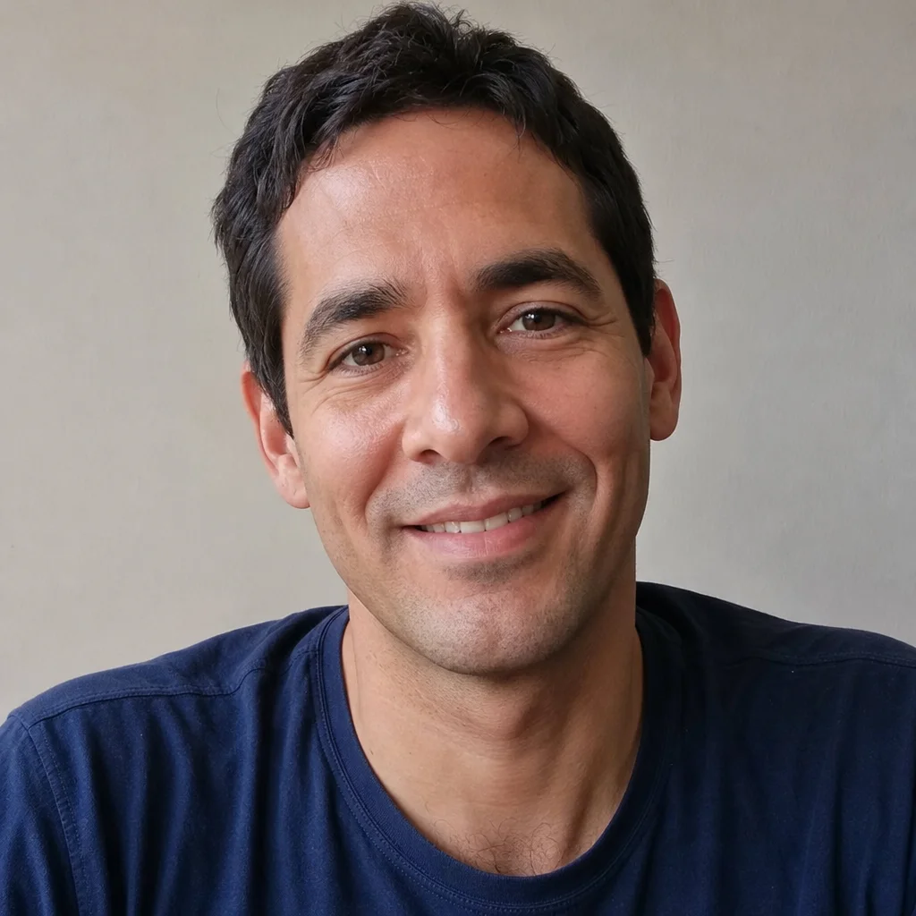 Close head-and-shoulders crop of a man in a navy t-shirt centered against a plain light-gray wall, demonstrating how much face should fill the frame for a small circular profile photo.