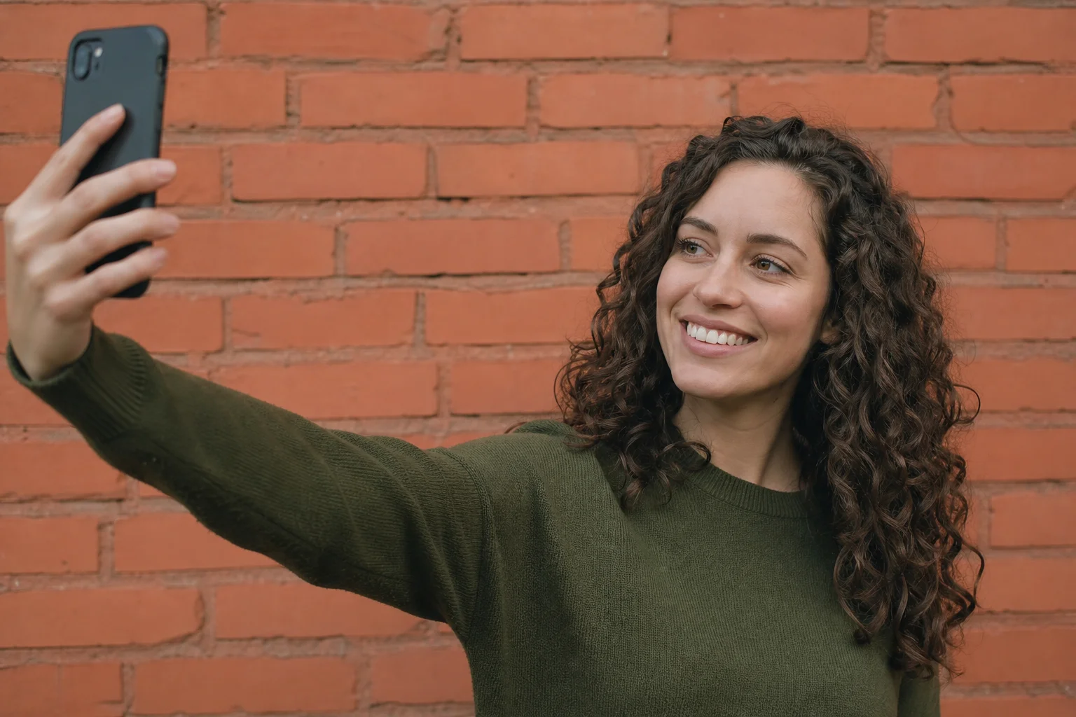A woman in an olive green sweater holds her smartphone at arm's length to take her own profile photo outdoors in soft daylight, with a blurred brick wall behind her.