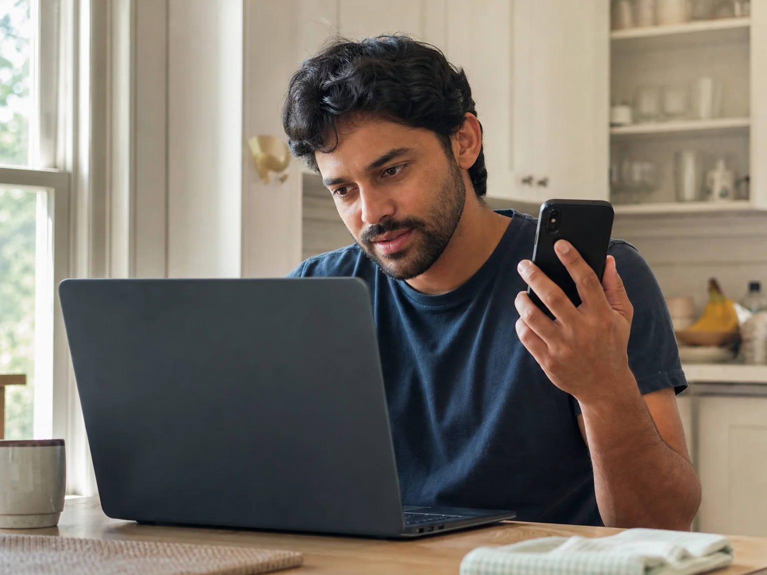 A person comparing photos on a phone and a laptop side by side to check a dating profile picture